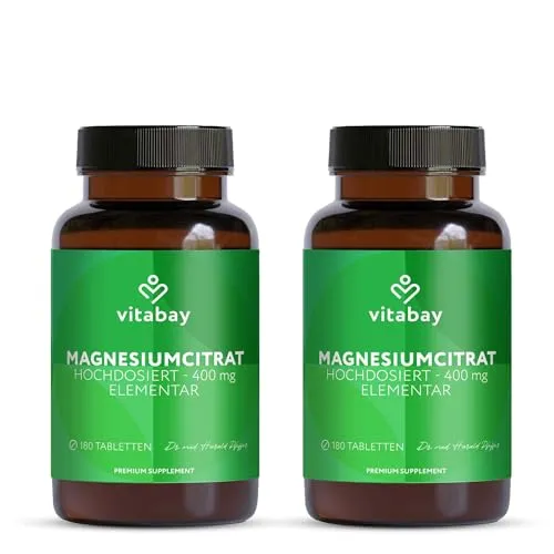 Vitabay Magnesiumcitrat hochdosiert – 360 vegane Tabletten – 400 mg elementares Magnesium pro Tagesdosis – Laborgeprüft in Deutschland