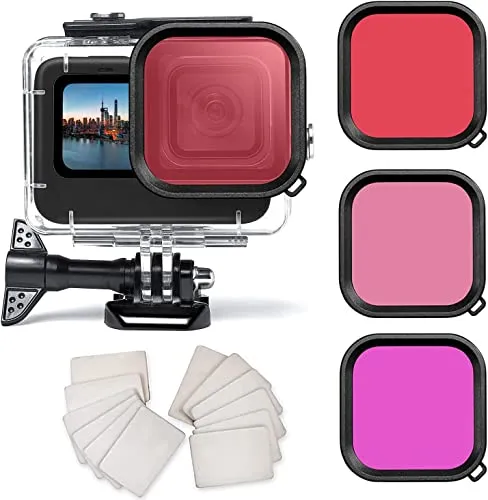 OKFUN Wasserdichtes Schutzhüllen-Filterset für Gopro Hero 12/11/10/9, 60M/196FT Unterwasser-Tauchschutzhülle mit 3-Farben-Filtern