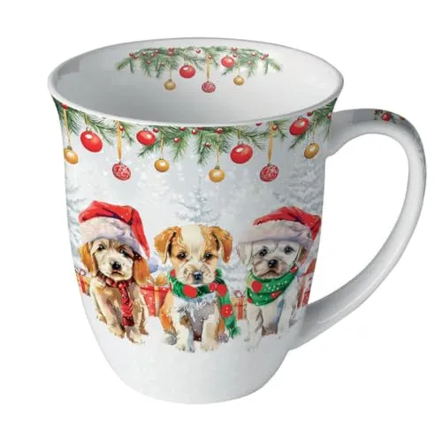 Ambiente Teetasse Kaffeetasse Henkelbecher Jumbotasse 400ml Hunde Welpen Advent Weihnachten Geschenktasse Fine Bone China Porzellan