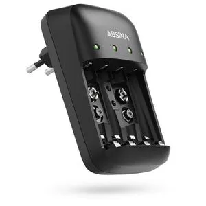 Absina Akku-Ladegerät X4 für AA, AAA, 9V Akkus - Praktisches Ladegerät mit 4 Ladeschächten für NiMH und NiCd Akkus. Mit LED-Anzeige für den Ladezustand und umfangreichen Schutzsystemen für sichere Nutzung.