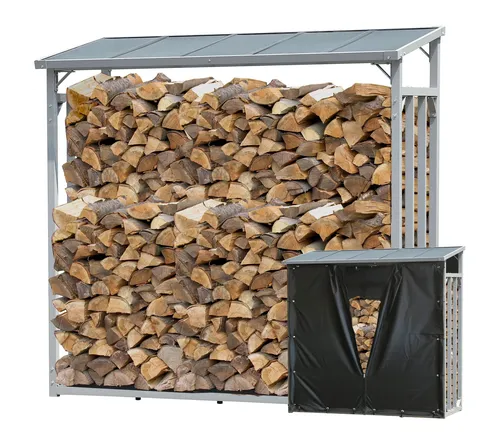 QUICK STAR Aluminium Kaminholzregal XXL 185 x 70 x 185 cm - Aschesauger und Kaminholzunterstand mit Wetterschutz, bietet Platz für 2,3 m³ Holz, rostfreies Aluminium für hohe Stabilität und verstellbare Füße zur Anpassung an Unebenheiten.