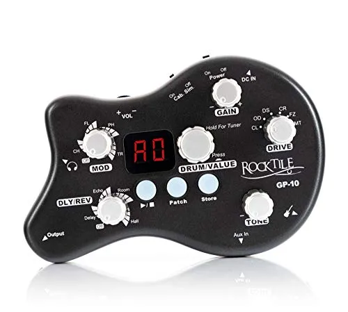 Rocktile GP-10 - Tragbarer Gitarren Multieffekt Gerät mit 8 Effekten, inklusive Drum-Loop Player und Gürtelclip für Musiker unterwegs