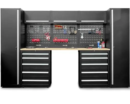 Ondis24 XXL Werkstatt Komplett Set 325cm - Werkbänke: Komplettes Set mit massiver Buchenholzarbeitsplatte und vielseitigem Stauraum für optimale Werkstattorganisation und Flexibilität.