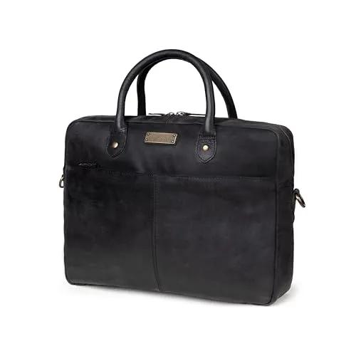 DRAKENSBERG Umhängetasche »Hugo« Vintage-Schwarz - Elegante Leder Aktentasche für Herren, aus weichem Büffelleder gefertigt, mit gepolstertem Laptopfach für Geräte bis 15,6 Zoll und ideal für Business und Freizeit.