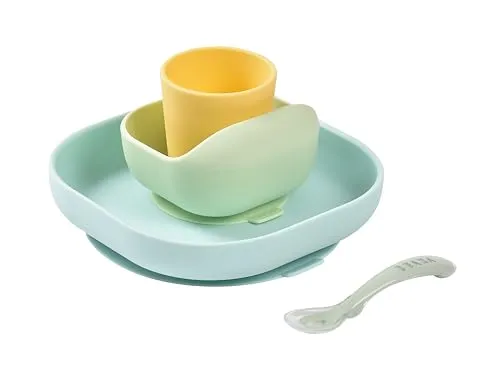 BÉABA Baby-Essensset aus Silikongeschirr - Kleinkindergeschirrset mit Saugnapf für sicheren Halt, rutschfest und aus gesundem, nachhaltigem Silikon - spülmaschinen- und mikrowellengeeignet für einfache Reinigung.