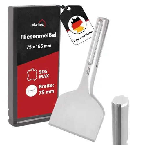 siwitec SDS Max Fliesenmeißel 75 x 165 mm, Profi SDS MAX Meißel zum Fliesen & Fliesenkleber entfernen, Abgewinkelt, Breitmeißel, SDS Flachmeißel breit für Bohrhammer