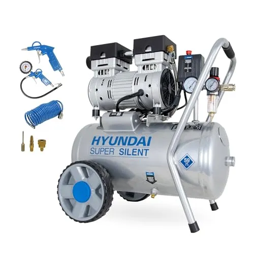 HYUNDAI Silent-Kompressor SAC55752 SET - Ölfreier 24L Flüster-Kompressor mit 8bar Druck, 125 L/min Ansaugleistung und nur 59dB – ideal für leise Anwendungen in Haus oder Werkstatt. Inklusive Zubehör für vielseitigen Einsatz.