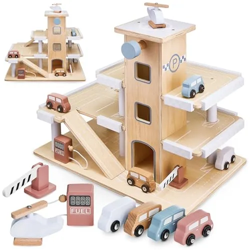 Mamabrum Spiel-Parkhaus aus Holz – Garage mit Autos und Hubschrauber