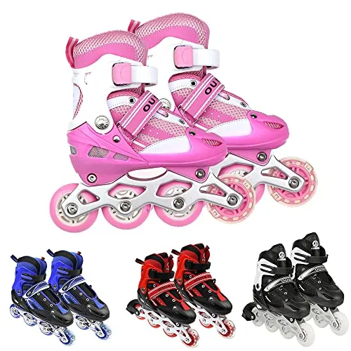 Supfine Inlineskates für Kinder – Verstellbare Rollschuhe mit leuchtenden Rädern (Rosa, M:35-38)