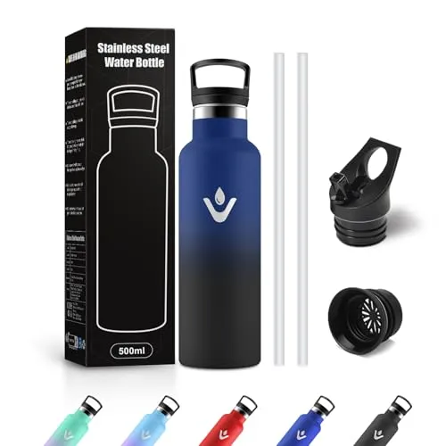 Thermosflasche 500ml, Kohlensäure Geeignet, Auslaufsicher Trinkflasche Edelstahl mit Strohhalm, für Sport, Reisen, Sprudel, Outdoor