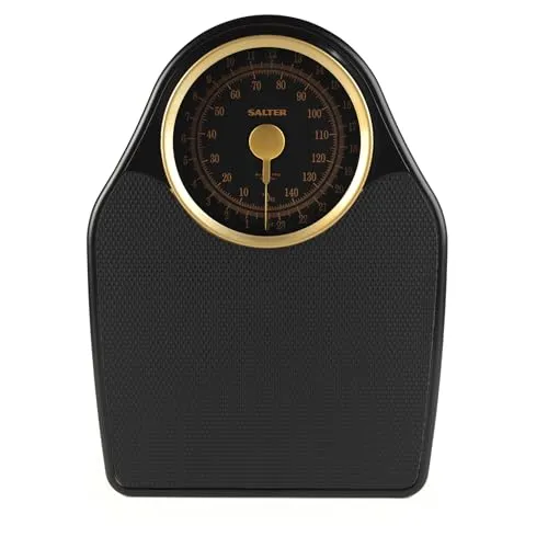Salter 145 GFEU16 Personenwaage mechanisch - Analoge Körperwaage, Badezimmerwaage, max 150kg, Rutschfest, einfach ablesbare Anzeige, keine Batterien Waage, Genaues Wiegen, schwarz/gold