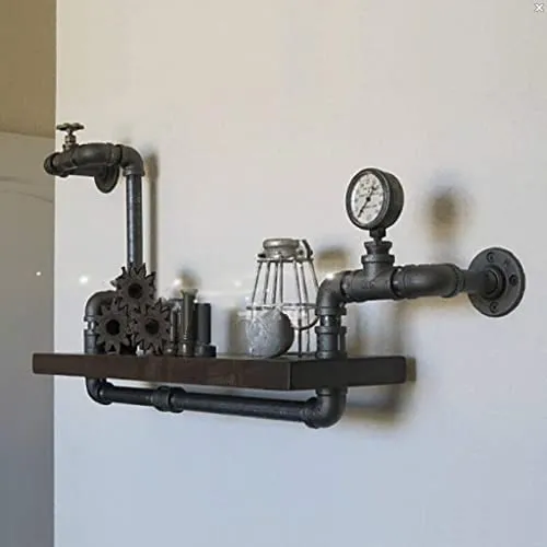 Produktbild FKKPRVAX Wandregal Industrial Schwarz Metall Regal,Regal Holz Mit Zähler und Wasserhahn,Vintage Dekorative Regale für Wohnzimmer, Küche, Schlafzimmer, Badezimmer - 70x 40x20cm