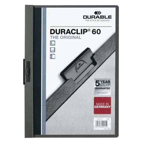 DURABLE Klemmmappe DURACLIP 60 220957 - DIN A4 Hartfolie dunkelgrau, 5 Jahre Garantie auf Clip für zuverlässige Nutzung