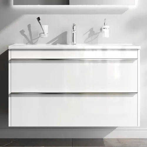 AM.PM Waschbeckenunterschrank Hängend mit Waschbecken, Badmöbel Set für Badezimmer & Gäste-WC, Waschtischunterschrank mit 2 Schubladen, 55 cm breit, Weiß glänzend, HIT (100 cm)