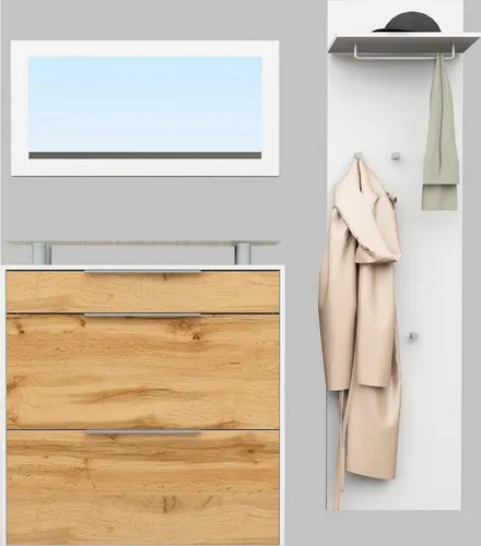 Borchardt Möbel Garderoben-Set Oliva, 3-tlg. mit Schuhschrank, Paneel & Spiegel in Weiß - Drohnen-Garderoben-Set mit hängendem Schuhschrank, ideal für Ordnung im Flur und Platz für bis zu 12 Paar Schuhe, Made in Germany.