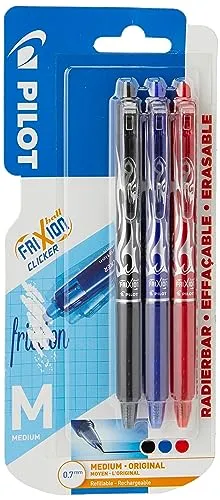 Pilot Frixion Clicker Rollerball, einziehbar, radierbar, 0,7 mm Spitze, Schwarz/Blau/Rot, 3 Stück