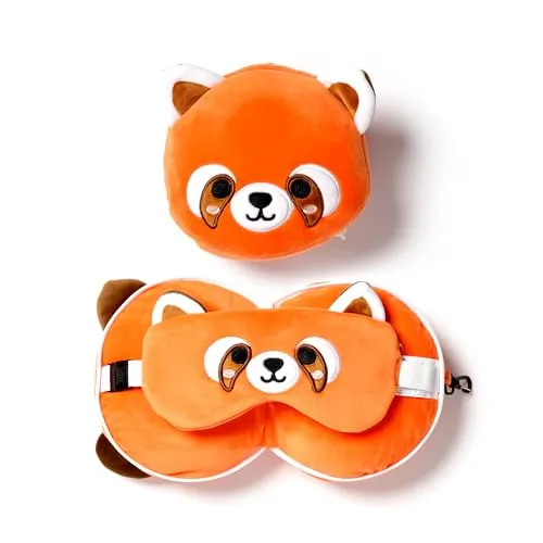 Relaxeazzz Plüsch Roter Panda Reisekissen & Schlafmaske - Kissen und Schlafmaske in einem, ideal für entspannte Reisen. Aus hochwertigem, weichem Stoff für maximalen Komfort.
