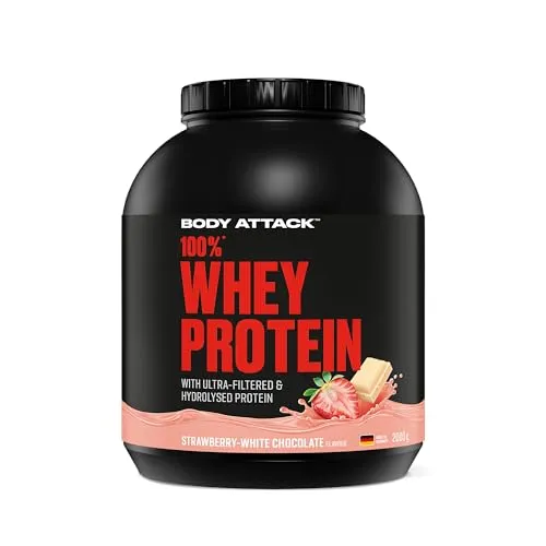 Body Attack 100% Whey Protein Strawberry White Choc. - 2 kg - Cremiges Eiweißpulver mit Hydrolysat und BCAA’s, ideal für Sportler. Unterstützt effektiv den Muskelaufbau und bietet schnellen Nährstofftransport ohne Aspartam oder Gluten.