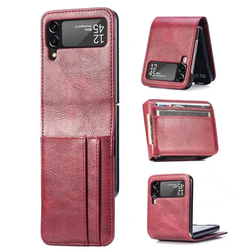 Handyhülle Kompatibel mit Samsung Galaxy Z Flip 4 | Klapphülle Schutzhülle mit Kartenfächer Kompatibel für Galaxy Z Flip 4 | Weinrot