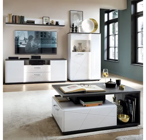 Lomadox Wohnzimmer-Set VISALIA-129 - 5-tlg. mit LED-Beleuchtung - Moderne Wohnwand in Weiß Hochglanz mit Eiche schwarz, inkl. eleganter LED-Beleuchtung und Softclose-Funktion. Ideal für stilvolle Wohn- und Esszimmer.