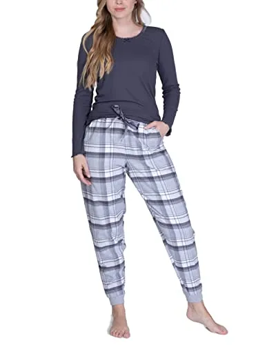 Produktbild maluuna Damen Schlafanzug mit Flanellhose und Bündchen, Farbe:anthrazit, Größe:S