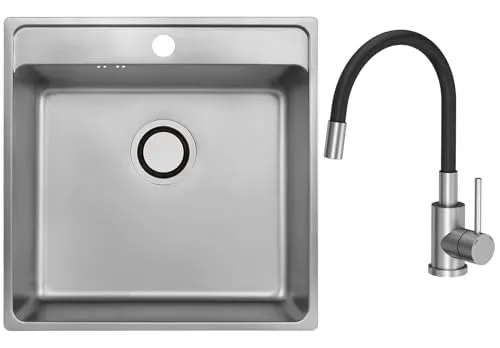 VBChome Edelstahlspüle mit Armatur 49 x 48 x 21 cm - Moderne Einbauspüle aus schallisoliertem 304-Stahl, ideal für ruhige Küchen. Inklusive flexibler schwarzer Armatur mit QFix-Montagesystem für einfache Installation und optimierten Wasserfluss.
