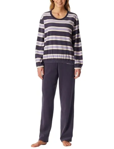 Schiesser Schlafanzug Casual Essentials - Nachtwäsche aus wärmender Frottee-Qualität, ideal für gemütliche Nächte, langärmlig und mit Rundhalsausschnitt in elegantem Blau.