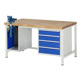 Rau Werkbank höhenverstellbar 8185A1 - Rollwerkbank mit Buche-Massiv-Arbeitsplatte, höhenverstellbar für ergonomisches Arbeiten und ausgestattet mit 4 robusten Schubladen für optimalen Stauraum.