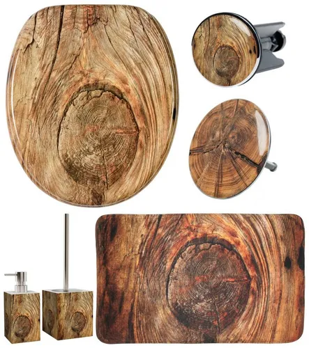 Sanilo Badaccessoire-Set 6-teilig Rustikal, WC-Sitz mit Absenkautomatik, Badteppich 70 x 110 cm, Waschbeckenstöpsel, Badewannenstöpsel, Seifenspender, WC-Bürste, 6 tlg., hochwertig & modern, universell, leichte Montage