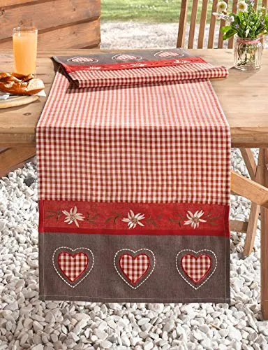 Tischläufer Alpenglück 40x150 cm, Tischband, Tischdecke, rot-weiß kariert, Bestickt mit Edelweiß-Motiv