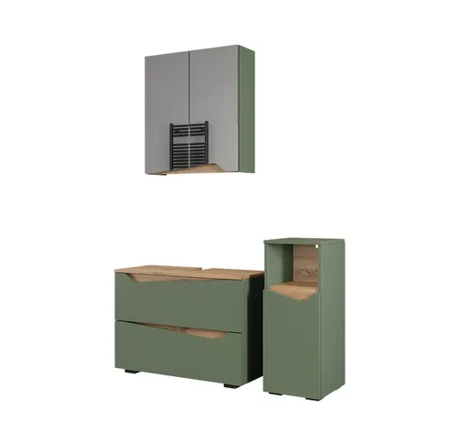 Vicco Badmöbel-Set Marelle, Grün/Artisan, 3 Teile - Modernes Badmöbel-Set mit Waschtischunterschrank, Spiegelschrank und Midischrank. Griffloses Design für ein elegantes Badezimmer und optimalen Stauraum.