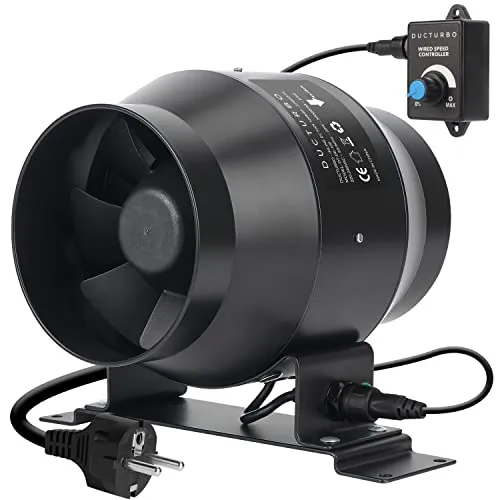 DUCTURBO Rohrventilator 100mm Regelbar - Badlüfter mit 275m³/h Luftstrom, energieeffizient und ideal für Wachstumszelte und Belüftung dank variabler Drehzahlregelung.