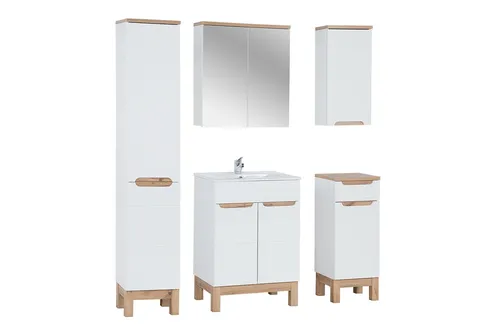 Badmöbel Set 5-tlg DEVI Weiss HGL mit 60 cm Waschtisch - Modernes 5-teiliges Badezimmerset in Weiß Hochglanz, inklusive Waschtisch und Spiegelschrank – ideal für stilvolle Badezimmergestaltung.