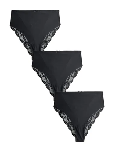 NEXT Damen Nahtlose Slips mit rückwärtigem Spitzeneinsatz im 3er-Pack, hoher Beinschnitt Schwarz 38