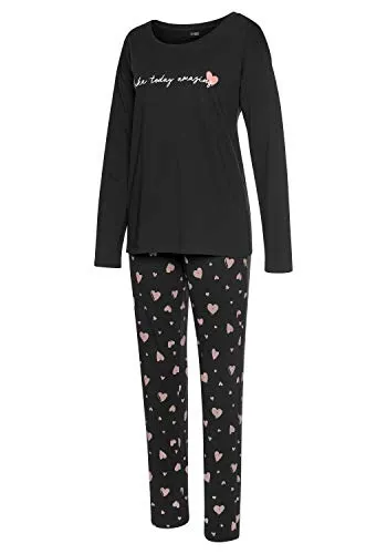 Lascana Damen Pyjama - Longsleeveshirt mit Herzchenprint, weich und bequem für erholsame Nächte
