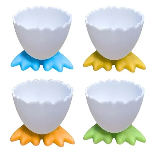 Land-Haus-Shop Eierbecher Set für gekochte Eier in lustigem bunten Design 4 Stück Kunststoff Frühstück Eierhalter Becher Ständer Egg Cup