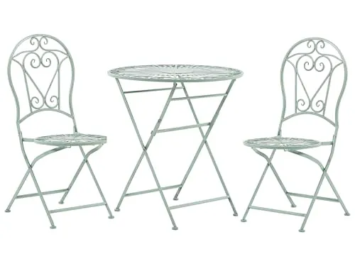 Beliani Garten Bistro Set Trento – 2er Set in Grün, zusammenklappbar - Bistroset für die Terrasse, nostalgisches Design mit filigraner Optik und pflegeleichter, pulverbeschichteter Oberfläche – ideal für Balkon und Garten.