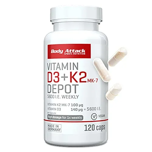 Body Attack Vitamin D3+K2 120 Kapseln - Nährstoffkombination zur Unterstützung des Immunsystems und der Knochenstärkung – mit Depotwirkung für eine wöchentliche Versorgung.