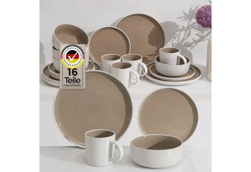 Hausfelder Geschirr-Set Steingut Geschirrset, 16teilig, Teller, Schalen & Becher (16-tlg), 4 Personen, Steinzeug, spülmaschinen- & mikrowellengeeignet, Reaktivglasur