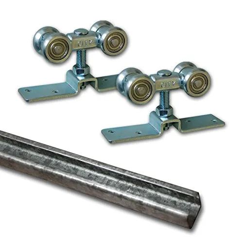 Schiebetür Beschlagset mit Laufwagen/Laufkatze | Wartungsfreie Leichtgängige Geräuscharme Laufrollen | 2 Auflaufstopper | Laufschiene 250 cm Stahl | Belastbar bis max. 90 kg