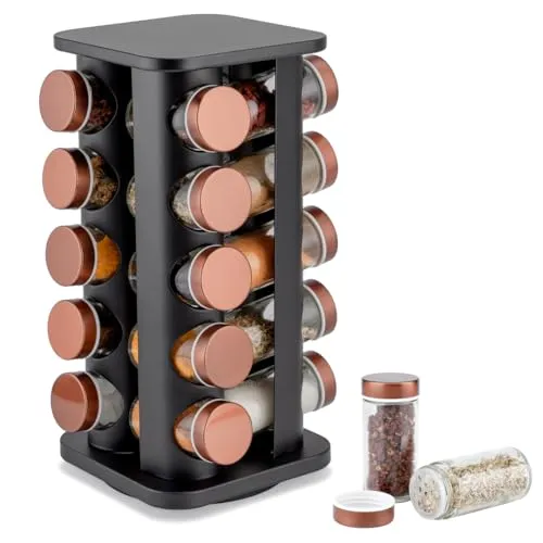 EliteHoff Gewürzkarussell, Drehbares Gewürzregal Edelstahl, Gewürzständer Drehbar, Quadrat Gewürzregal, Gewürzgläser Set Schwarz Kupfer (20 Gewürzdosen)