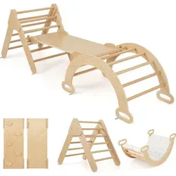 COSTWAY 4 in 1 Kletterdreieck, Kletterbogen mit Rutsche, Kissen, doppelseitige Rampe, Rutschen &Wippen, zum Klettern, Klettergerüst Indoor 1 + Natur - Naturbelassen