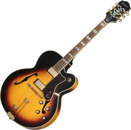 Epiphone Broadway Vintage Sunburst - Archtop-Gitarre in Vintage Sunburst, mit hochwertiger Fichte- und Ahorn-Decke, ausgestattet mit 2x Alnico Classic PRO Tonabnehmern, inklusive Premium-Gitarrentasche für optimalen Schutz.