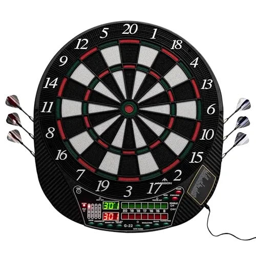 Mission | G220 Elektronische Dartscheibe | Professionelle Softspitze | Bis zu 16 Spieler | 28 Spiele | Inklusive 4 Sets Dartpfeile