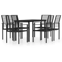 vidaXL 7-tlg. Garten-Essgruppe Schwarz - Gartenmöbel-Set mit stabilen pulverbeschichteten Stahlrahmen und pflegeleichten PVC-Hohlrattan-Stühlen für optimalen Sitzkomfort im Freien. Ideal für gesellige Abende auf der Terrasse!