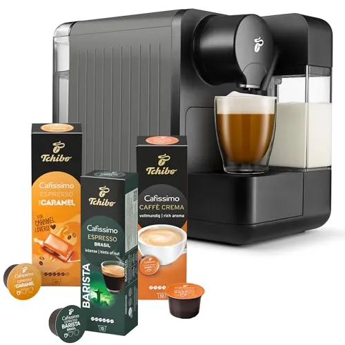 Tchibo Cafissimo „milk“ Kaffeemaschine - 1-Tassen-Kaffeemaschine mit integriertem Milchaufschäumer und 30 Kapseln für vielfältige Kaffeegenüsse auf Knopfdruck, einfach zu reinigen und energieeffizient.
