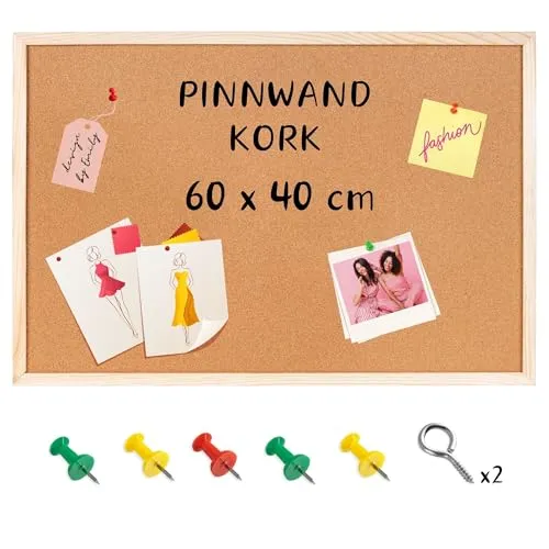 Creative Home 60x40 cm Pinnwand Kork | inkl. 5 Pinwandnadeln | Korkwand Korktafel Holzrahmen Memoboard | Hergestellt in der EU | Ideal für Büro, Schule, Schlafzimmer und Heim