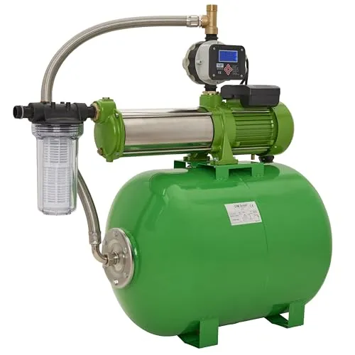 CHM GmbH® Hauswasserwerk 1,5 Kw 100 Liter 8,5 Bar Druck 8400 L/h einstellb. Druckschalter mit LCD Display und Trockenlaufschutz Gartenpumpe Edelstahl, Wasserpumpe