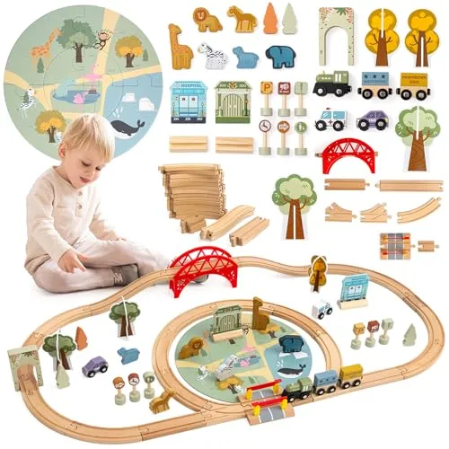 Mamabrum Holz Eisenbahn Kinder mit Brücke Schranke und Puzzle – Gleise, Zug, Tiere Zoo, Figuren, Fahrzeuge – Lernspielzeug Safari - Holzschienen Eisenbahn 106×55 cm für Kinder ab 3 Jahren