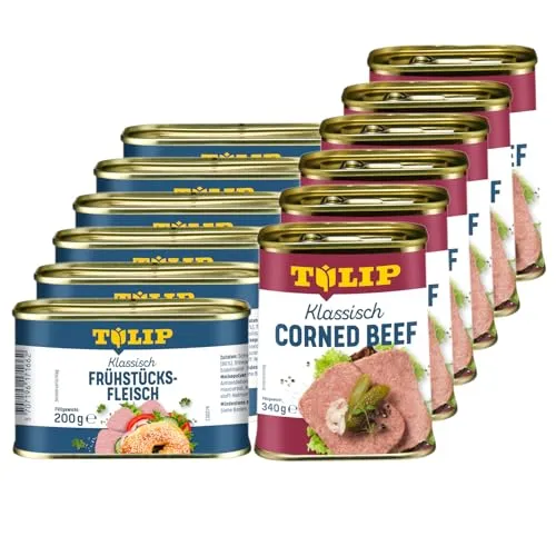 TULIP Corned Beef & Frühstücksfleisch Set 340g + 200g - Entdecken Sie das TULIP Set mit 6x Corned Beef (340g) und 6x Frühstücksfleisch (200g). Ideal für vielseitige Gerichte, einfach zuzubereiten und garantiert lecker. Hochwertige Fleischqualität für genussvolle Momente.